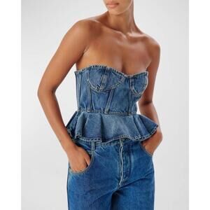Ronny Kobo Dallas Denim Strapless Bustier Peplum Top w/ Thick Zipper  - LRG